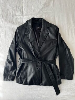Wilson Black Leather Belted Blazer Jacket - Women's